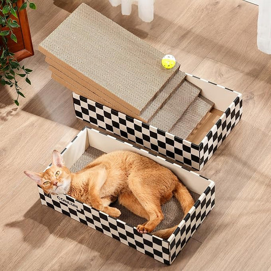 Cat Scratcher Box with 4 Scratching Pads&2 Separate Cardboard Boxes,2-in-1 Cardboard Cat Scratch for Multiple Kitten Interactive Play,Birthdays Holiday Toys Gift,Checkered-Ball Toy
