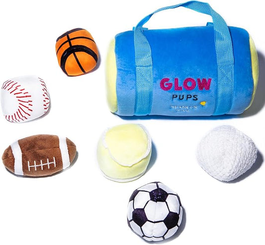 Glow Pups Dog Toy Sports Bag Hide and Seek Interactive Dog Toy with 6 Plush Squeaky Balls, Crinkle 10 Inches Long, Soft Plush, Blue and Yellow Sports Bag with Basketball, Soccer and Football