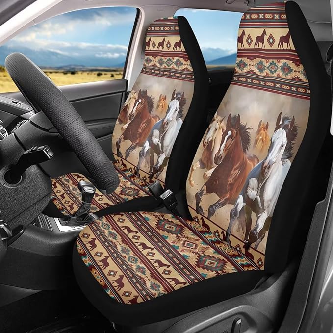 Car Seat Covers Waterproof Western Horse Aztec Front Seat Covers 2 PCS Removable Automotive Interior Accessories for Women Men Universal Fit Most Cars,SUV, Trucks