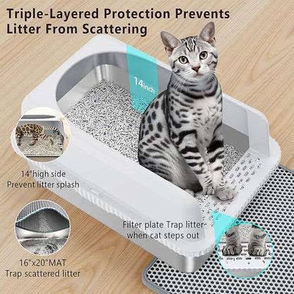 Stainless Steel XXL Cat Litter Box for Big Cats- Metal Extra Large Litter Box with Lid, Include Metal Litter Scoop,Mat. High Sided with Guard Prevent Splashing. No Smell, Always New After Clean.