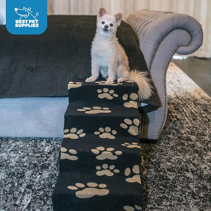 Best Pet Supplies Dog Stairs & Steps - Foam Steps for Small Dogs & Cats, Non-Slip Indoor Balanced Pet Step Support, Dog Ramp, No Assembly, Paw Print on Black, 4-Step (18-inch Height)