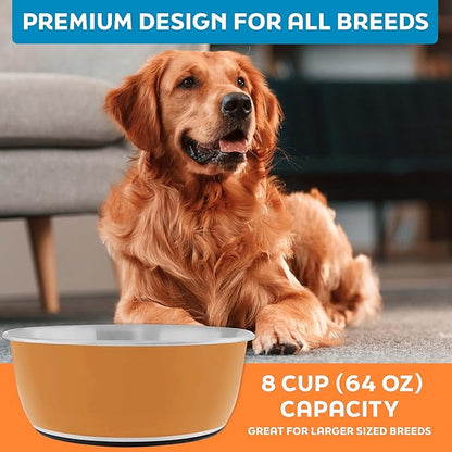Master Pet Supply Stainless Steel Dog Bowls Set of 2 (64 Oz Each) with Non-Slip Rubber Base - Mango Tango - Basic Dog Food Bowl Water & Food Bowls for Small Medium Large Dogs & Cats, Metal Dish
