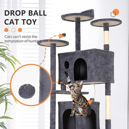 BestPet | 81" Cat Tree Tower | Dark Gray | Sturdy, Easy to Assemble, Multi-Level Activity Center with Sisal Scratching Posts, Condos, Perches, Hanging Cat Toys, Observation Decks & Ladder