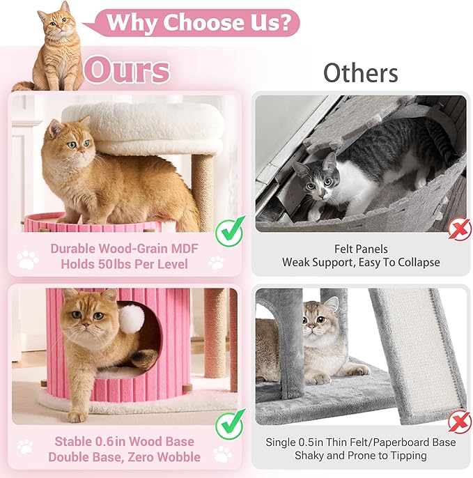 Modern Cat Tree for Indoor Cats Large Adult, 36in H Cat Tree Tower with Scratching Posts, Cozy Cat Bed Cave, Washable Cushions, Dangling Balls, Play&Nap Cat House Condo for All Breeds, Pink
