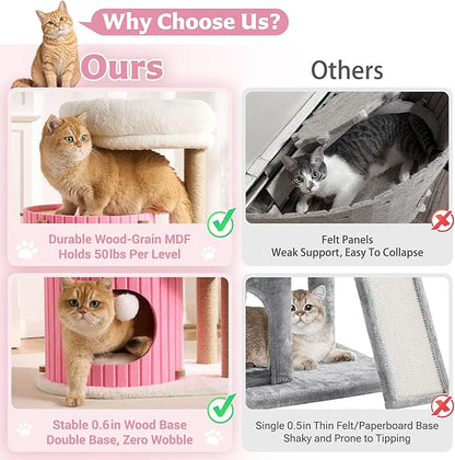 Modern Cat Tree for Indoor Cats Large Adult, 36in H Cat Tree Tower with Scratching Posts, Cozy Cat Bed Cave, Washable Cushions, Dangling Balls, Play&Nap Cat House Condo for All Breeds, Pink