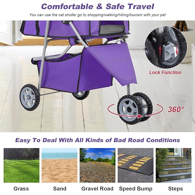 BestPet 3 Wheels Pet Stroller Dog Cat Cage Jogger Stroller Waterproof Puppy Travel Folding Carrier with Cup Holder,Purple