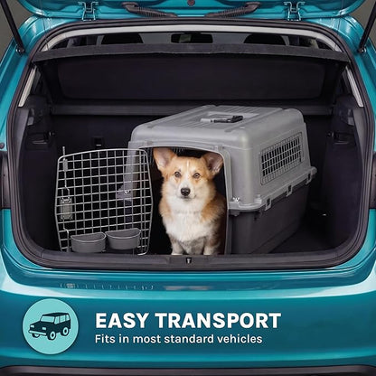 SportPet Airline Compliant MEDIUM 24.25" Travel Dog Kennel-Durable Plastic Airline Pet Carrier w/ Removable Wheels & Food Bowls, Collapsible Indoor/Outdoor Dog Kennel, Dogs up to 23"L & 15"H-Dark Gray