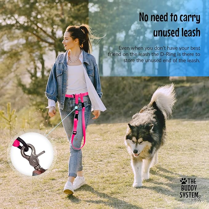 The Buddy System Hands Free Dog Leash, Adjustable Leash for Running, Jogging, Training and Service Dogs, Great for Small, Medium and Large Dogs, Made in USA (Pink, X-Large Belt (33"- 60" Waist))
