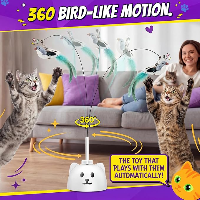 Interactive Cat Toys for Indoor Cats: Upgraded 360° Automatic Spin Flying Bird Feather Wand with Silicone Protected Rod Safe Play, Strong 8cm Suction Cup, USB-Rechargeable for Bored Kittens and Adult