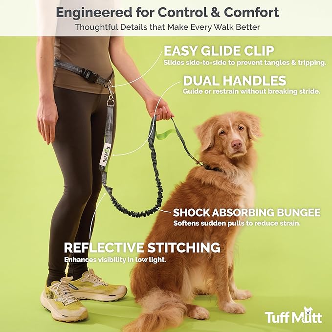 Tuff Mutt Hands-Free Waist Leash for Dog Walking, Running and Hiking, Adjustable Belt with Double Handle, Reflective Bungee Design for Large & Medium Dogs