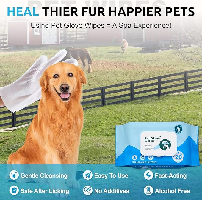 Pet Grooming Glove Wipes for Dogs&Cats, Extra Thick Rinse Free Cleaning Gloves with Aloe&Glycerin, Hypoallergenic Deodorizing Bathing Wipes for Daily Care, Travel, Portable, Unscented, 20ct
