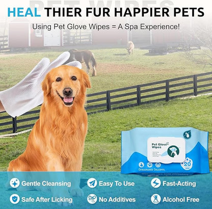 Pet Grooming Glove Wipes for Dogs&Cats, Extra Thick Rinse Free Cleaning Gloves with Aloe&Glycerin, Hypoallergenic Deodorizing Bathing Wipes for Daily Care, Travel, Portable, Unscented, 20ct