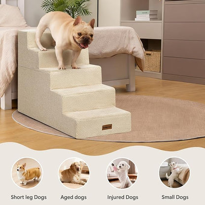 Pet Stairs for High Bed, 5-Step Dog Stairs for Small Dogs, Indoor Non-Slip Dog Steps for Old Cats, Puppy, Small Medium Dogs,22.6" H,Beige