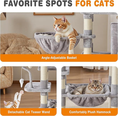 DUMOS Tall 71 inch Cat Tree Tower, Large Multi Level Cat Climbing Tower with Condo, Natural Sisal Scratching Posts, Platform, Hammock, Basket, Pet Tree House for Indoor Cats Play, Light Grey