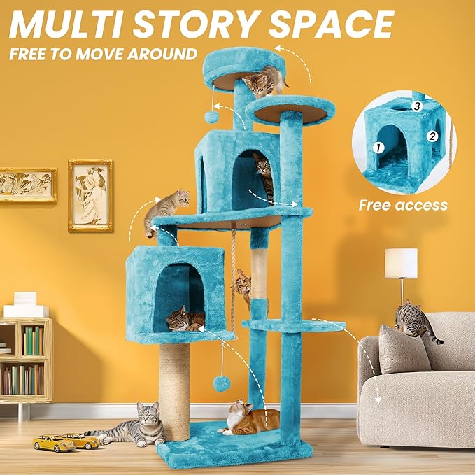 58in Large Cat Tree Tower for Indoor Cats with Soft Plush Hang Ball, Two Condos, Sisal Scratch Posts & Rope Play for Kittens/Adult Cats, Blue