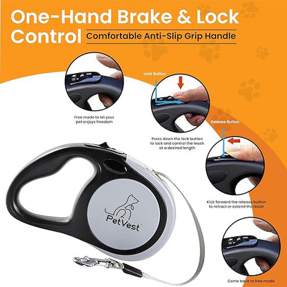 Dual Retractable Dog Leash,10 FT Tangle-Free Leash for 2 Dogs, Detachable for Single Use,One-Button Brake & Lock, Up to 44 lbs Each, 360° Swivel, Non-Slip Handle + Poop Bag Holder (Grey)