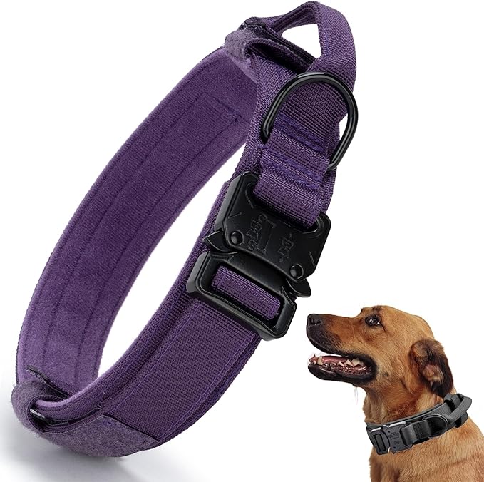 Tactical Dog Collar, Adjustable Military Training Nylon Dog Collar with Control Handle and Heavy Quick-Release Metal Buckle for Small Medium Large Dogs, Purple M