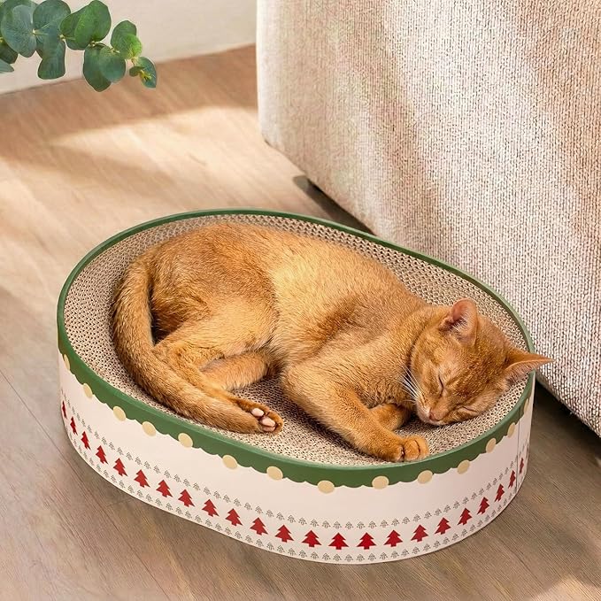 Cat Scratcher Bed, 2 in 1 Oval Cat Scratching Board for Indoor Kitty Scratch Pad Corrugated Cardboard Lounge Bowl Nest Couch Sofas for Kittens, Includes Cat Toy, Christmas