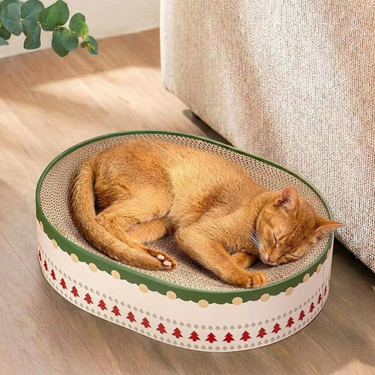 Cat Scratcher Bed, 2 in 1 Oval Cat Scratching Board for Indoor Kitty Scratch Pad Corrugated Cardboard Lounge Bowl Nest Couch Sofas for Kittens, Includes Cat Toy, Christmas
