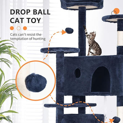 BestPet | 70" Cat Tree Tower | Navy Blue | Sturdy, Easy to Assemble, Multi-Level Activity Center with Sisal Scratching Posts, Condos, Perches, Hanging Cat Toys, Observation Decks & Ladder