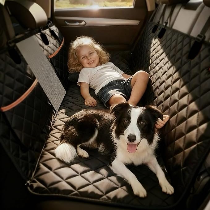 Dog Car Seat Cover for Back Seat, Waterproof Heavy Duty Wear-Resistant Dog Seat Cover, Non-Slip Dog Hammock & Bench Style with Alloy Clips for Cars SUVs Trucks, Medium & Large Dogs