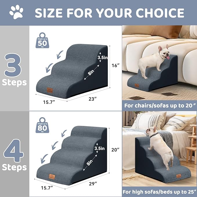 Dog Ramp and Stair for Bed 16" H-20 H,3-Step Cat Stair for Sofa and Chair,4-Step Dog Ramp for High Bed and Window,Durable Nonslip Fabric Cover for Indoor (Dark Grey-20 H, Pet Friendly, 4)