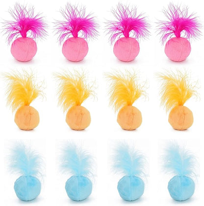 Furry Rattle Ball Cat Toy with Feather and Catnip - Interactive Pom Pom Balls for Cats, Soft and Lightweight, 2 Inch, 12 Pack.