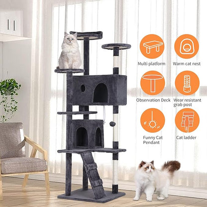 BestPet | 70" Cat Tree Tower | Ashy | Sturdy, Easy to Assemble, Multi-Level Activity Center with Sisal Scratching Posts, Condos, Perches, Hanging Cat Toys, Observation Decks & Ladder
