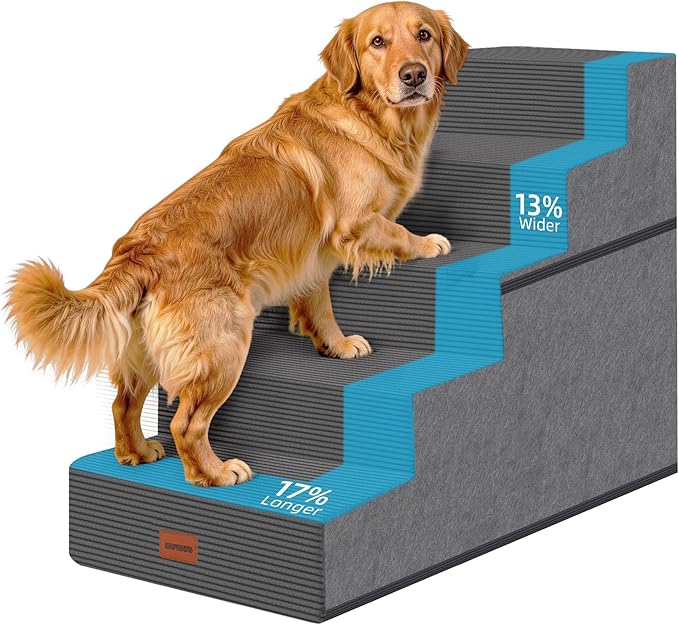 Dog Stairs for Small Dogs, 25" H, 5-Step Extra Wide Pet Steps for High Bed, Non-Slip Balanced Pet Ramp for Medium Cats,Indoor Dog Ladder, Grey