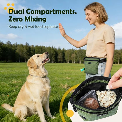AGPTEK Dog Treat Pouch, Magnetic Dog Walking Pouch with Removable & Split Snack Bag, Water-Resistant Waist Pack with Poop Bag Dispenser & Hands-Free D-Ring for Training, Walking, Hiking, Run, Green