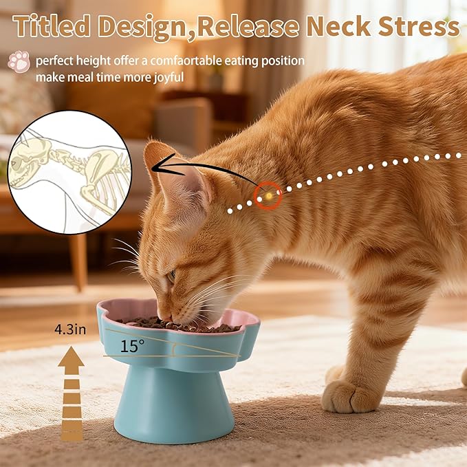Tilted Cat Bowl, Flower-Shaped Ceramic Slow Feeder Cat Bowl, Raised Pet Bowl for Whisker Relief, Prevents Vomiting & Bloating, Non-Slip Base, Easy to Clean for Dry/Wet Food (Lavender & Yellow)