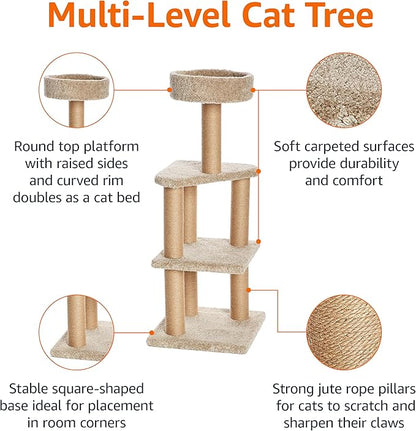 Amazon Basics Cat Tree Tower - Multi-Level Climbing Activity Center for Indoor Cats & Kittens with Scratching Posts, Platform, Jute Rope, Large (45.9"H), Beige