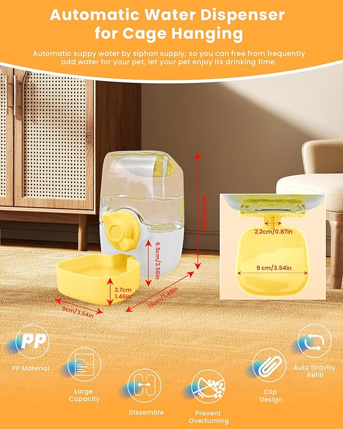Automatic Replenish Pet Waterer, 1L Capacity Auto Siphon Gravity Cage Hanging Water Dispenser Set for Dog and Cat Small Animals, Removable Pet Water Bottle Water Container (Waterer, Yellow&White)