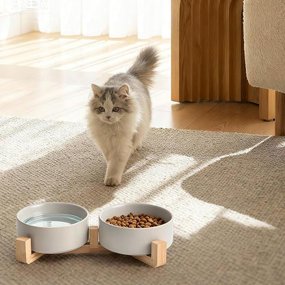 Kimdio Ceramic Dog Bowls with Wood Stand, 13.5OZ Pet Bowls Set of 2 for Medium Small Dogs and Cats - Non-Slip Base Cute Pet Food & Water Basic Bowls Glaze Matte-Grey