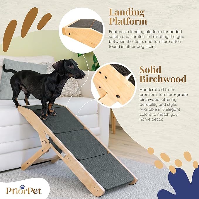 Dog ramp for Couch – Non-Slip, Sturdy Build Foldable Dog ramp – Supports up to 200lbs – Adjustable 7'' to 20'' – Landing Platform Seamlessly Connects – Birchwood Pet Ramp for Small Dogs – Natural