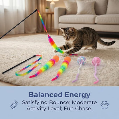 Premium Cat Exercise Wand Kit - 5 Pack Rainbow Rope Set with Dual Wool Balls & Bouncy Attachments for Indoor Cats & Kittens