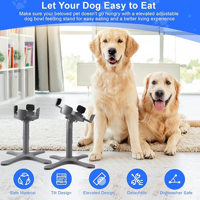Dog Bowls,Elevated Adjustable Dog Bowl Stand with 3 Heights & Tilted Feeding Design, Raised Stand Compatible with Medium & Large Breeds(2 Pack) Grey