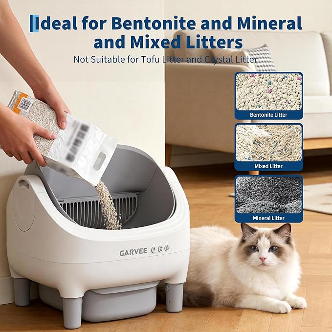 Self Cleaning Litter Box, Automatic Cat Litter Box with APP Control, Odor-Free Waste Disposal Includes Trash Bags, Large Waste Bin, Open-Top, for Multiple Cats, Light Grey