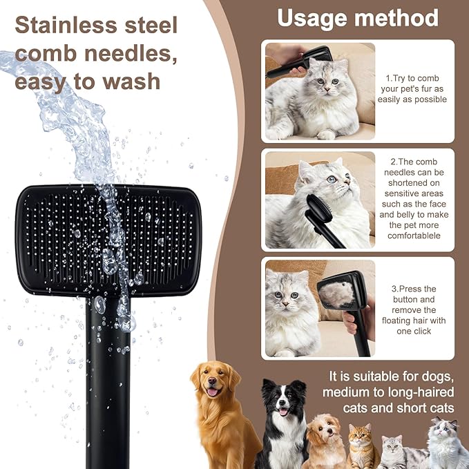 Self Cleaning Deshedding Cat Brush for Dogs & Cats,Adjustable Cat Brushes for Indoor Cats, Easy to Clean Grooming Tool for Long & Short Haired Pets