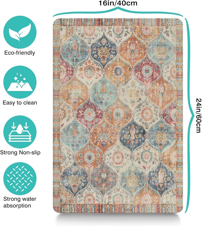 Moroccan Trellis Dog Food & Water Mat, Mexican Talavera Boho Colorful Pet Feeding Mat for Floor Non-Slip Waterproof, Super Absorbent Cat Bowl Mat, Easy to Clean Durable Pet Placemat,16" × 24"
