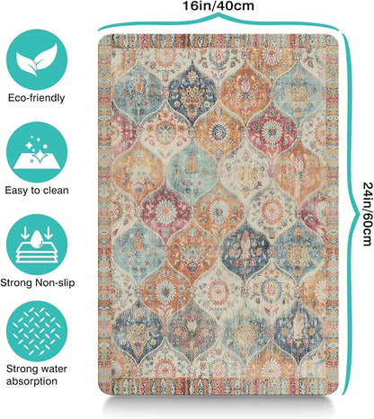 Moroccan Trellis Dog Food & Water Mat, Mexican Talavera Boho Colorful Pet Feeding Mat for Floor Non-Slip Waterproof, Super Absorbent Cat Bowl Mat, Easy to Clean Durable Pet Placemat,16" × 24"