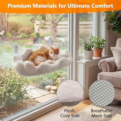 Homegroove Cat Window Perch, 24 x 12 Inch Foldable Cat Hammock for Window with 4-Sided Bolster & 4 Large Suction, Cloud Shape Cordless Window Bed for Indoor Cats (White, Large(24'' x 12''))