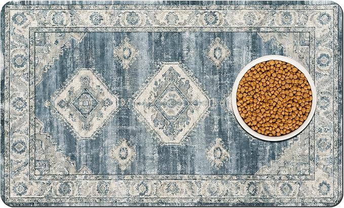 Pet Dog Cat Food Mat, Non Slip Bowl Mats for Food and Water, Absorbent Boho Dogs Cat Feeding Mat Puppy Pet Placemats for Floors Indoor Pets Accessories Supplies 16 * 24 inch, Retro Blue