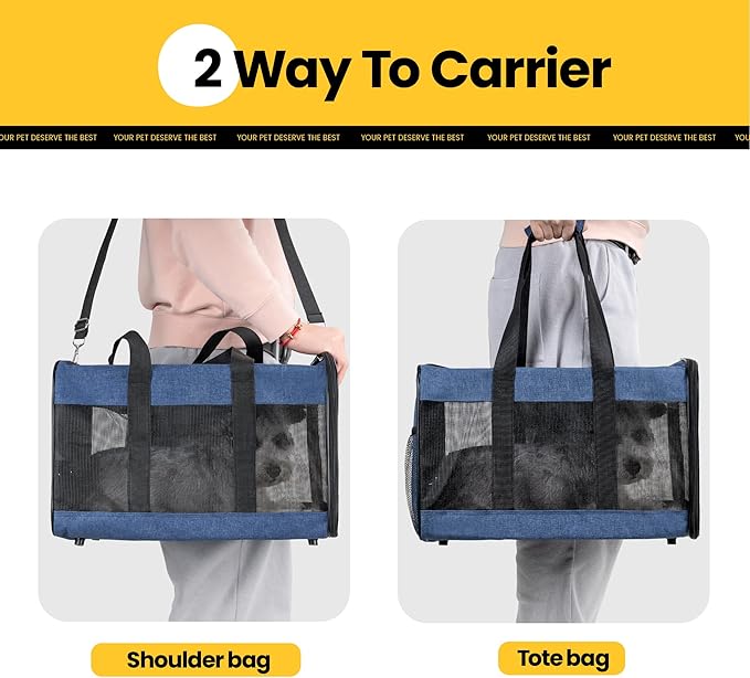 Dog Carrier Soft Sided, Large Cat Carrier with Inner Safety Leash, Pet Transport Carrier for Large Cats and Medium Dogs up to 20 Lbs, Collapsible Travel Puppy Carrier Bag -Blue L