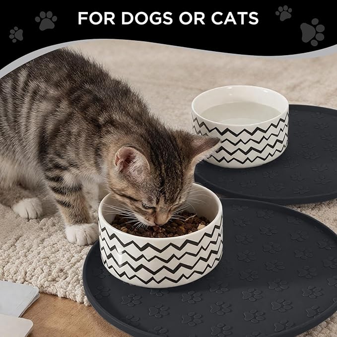 Comtim Waterproof Dog Food Mat - 2 Pack Silicone Pet Food Mat Dog Food Bowl Mats Cat Water Mats Eating Tray, Non-Slip Pet Placemat with Lip for Messy Drinkers to Protect Floor, Black 11"×11"