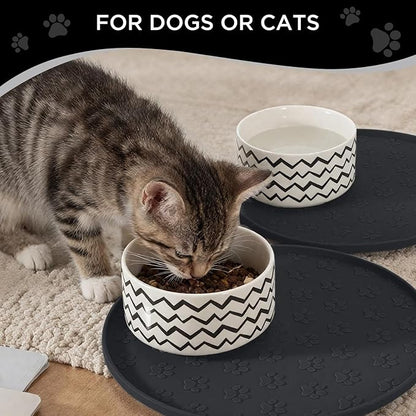 Comtim Waterproof Dog Food Mat - 2 Pack Silicone Pet Food Mat Dog Food Bowl Mats Cat Water Mats Eating Tray, Non-Slip Pet Placemat with Lip for Messy Drinkers to Protect Floor, Black 11"×11"