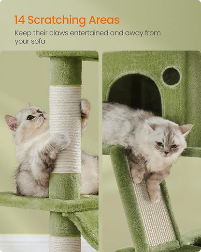 Feandrea Cat Tree, 81.1-Inch Large Cat Tower, Multi-Level Plush Condo with 13 Scratching Posts, 2 Perches, 2 Caves, Basket, Hammock, Pompoms, Green UPCT190C01