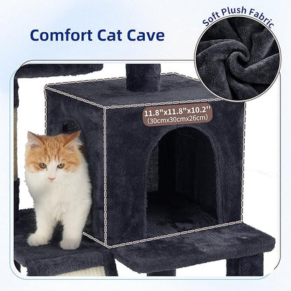 Multi-Level Cat Tree for Indoor Cats, Cat Tower with 2 Scratching Boards, 2 Plush Padding Platforms, Cat Condo House with Hammock, Basket, Smoky Gray GCT022G