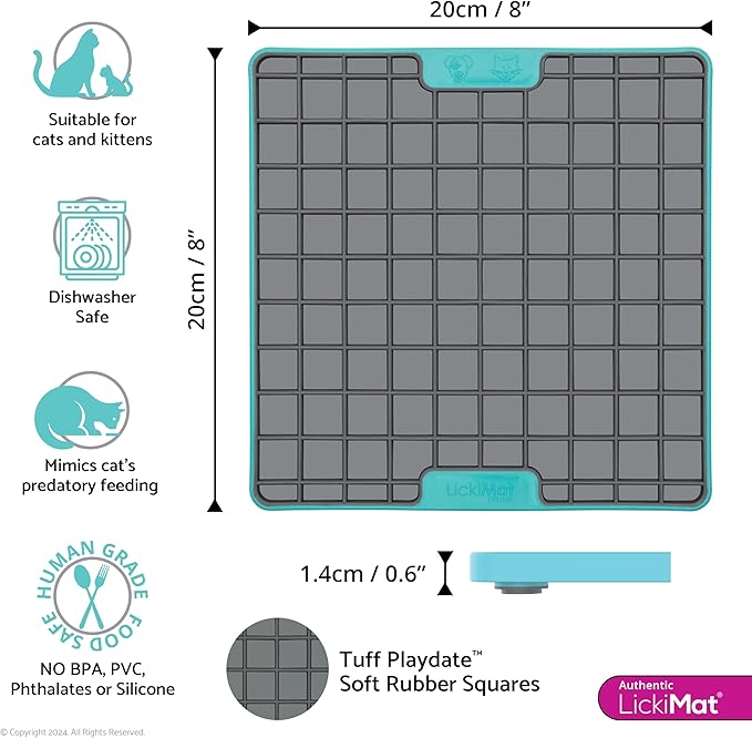 LickiMat Tuff Cat, Heavy-Duty Playdate, Cat Slow Feeder Lick Mat, Boredom Anxiety Reducer; for Food, Treats, Yogurt, or Peanut Butter. Fun Alternative to a Slow Feed Cat Bowl or Dish, Turquoise