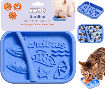 Awoo Sardina - Silicone Dog & Cat Lick Mat + Slow Feeder with Suction Cups - Non-Slip, Dishwasher Safe Pet Dish - Extends Mealtime for Fast Eaters & Reduces Anxiety - for Wet & Dry Food (Cobalt)